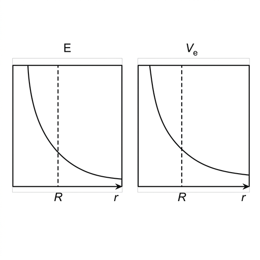 Two side-by-side graph panels with horizontal axes labelled $r$ and a marked sphere radius. Left panel labelled $E$: a large positive curve near the centre decreases continuously with inverse-square-like curvature across both inside and outside regions. Right panel labelled $V_e$: a large positive curve near the centre decreases continuously with inverse-distance-like curvature across both inside and outside regions. Axes and line style match the other options.