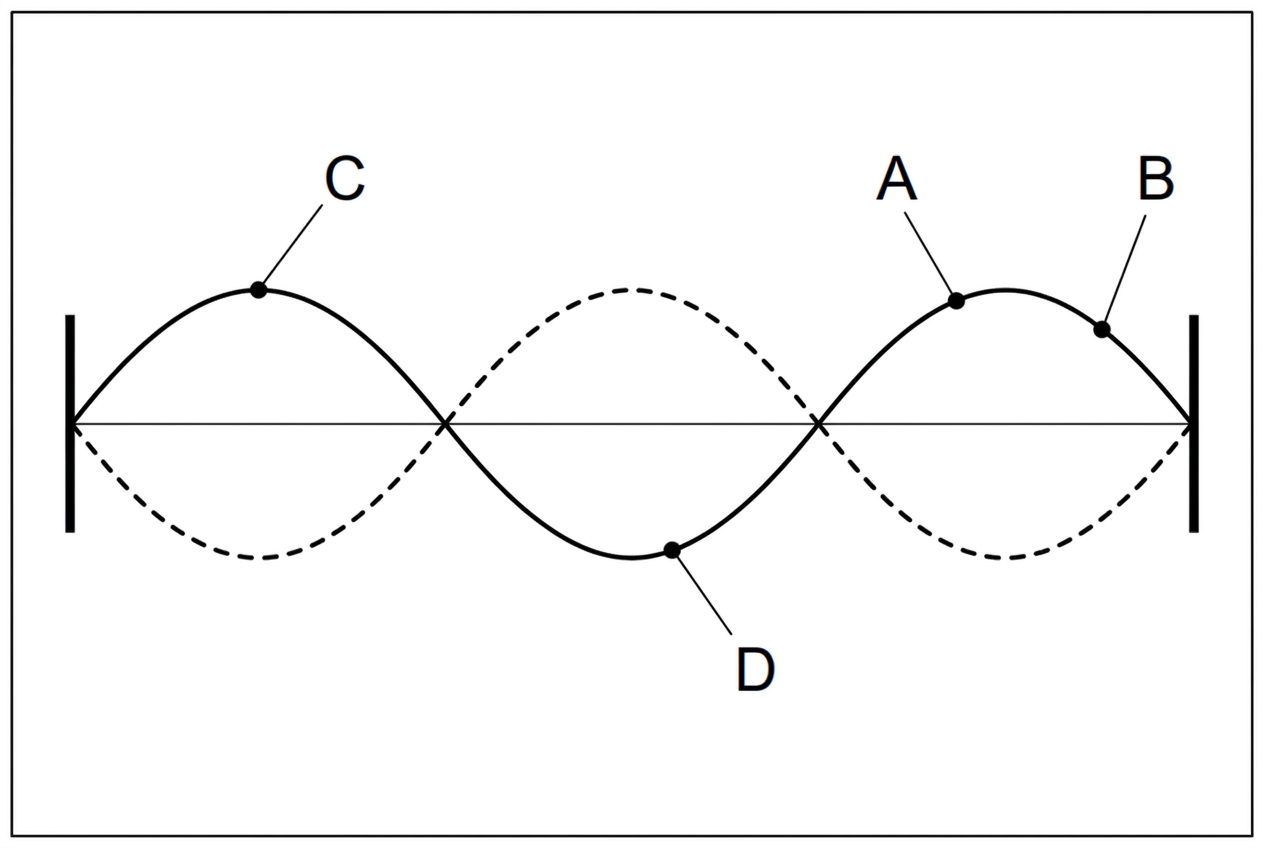 A transverse standing wave on a horizontal string between fixed ends. The curve shows several loops with nodes at the ends and between loops. Points A and B are marked at different positions within the same loop, one closer to an antinode. Points C and D are marked in neighbouring loops on opposite sides of a node. A dashed curve may show the opposite extreme position.
