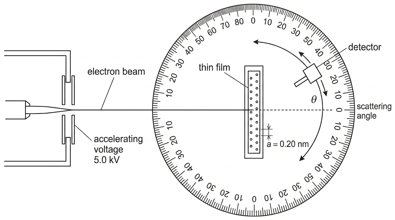 A schematic scattering experiment showing an electron gun, accelerating plates, a thin solid film, and a movable detector that can be positioned at different scattering angles. Include an angular scale about the film and show a central beam direction. Labels include electron beam, accelerating voltage, thin film, detector and scattering angle.