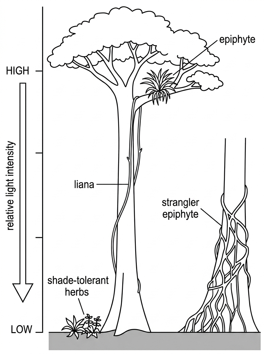 Annotated forest profile showing decreasing relative light intensity from canopy to forest floor. Label examples of plant forms at appropriate positions: canopy tree, liana climbing a trunk, epiphyte on a branch, strangler epiphyte around a host, and shade-tolerant herbs on the forest floor.