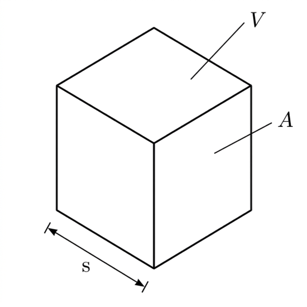 Diagram of a cube with side length labelled by lowercase italic $s$, used to relate its volume and surface area during melting.
