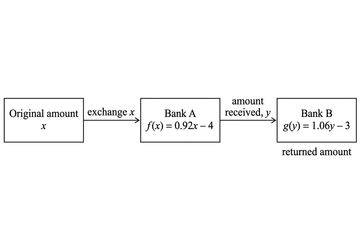 A two-stage currency-exchange flowchart showing the original amount, the Bank A conversion, and the Bank B return conversion.