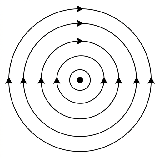 A top-view option diagram showing a small central circle representing the wire with a dot or upward-current label at the centre. Several concentric circular magnetic field lines surround the wire with arrowheads indicating an anticlockwise direction. The diagram is clean black line art on a white background.