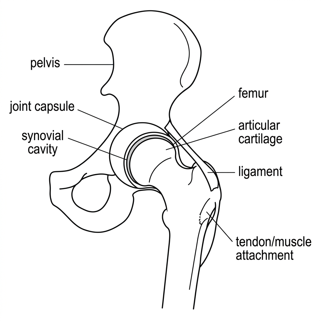 Diagram of the human hip joint showing the pelvis, femur, articular cartilage, joint capsule, synovial cavity, ligament and tendon/muscle attachment labels.