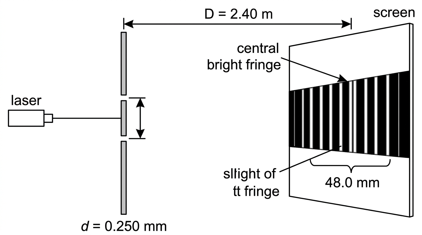 A Young double-slit arrangement at normal incidence. A laser illuminates two narrow slits separated by a labelled distance $d$. A screen is a distance $D$ from the slits. On the screen there is a central bright fringe and several equally spaced bright fringes on both sides. A bracket spans ten adjacent fringe spacings and is labelled as the measured distance.