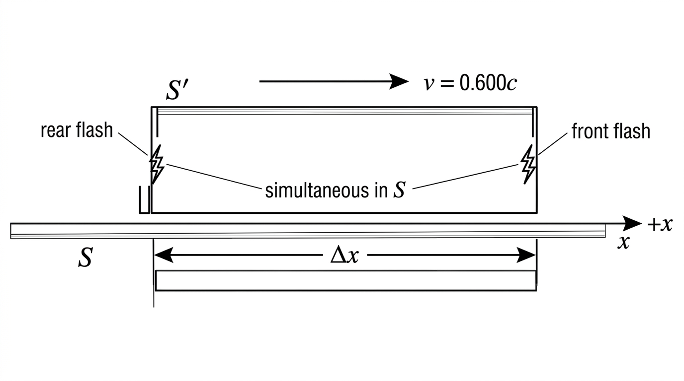 An annotated train-platform diagram showing two event positions at the rear and front of the train along the x-axis, with the train moving in the positive x-direction; include labels for frame S, frame S', relative velocity, and the spatial separation of the two flash events in S.