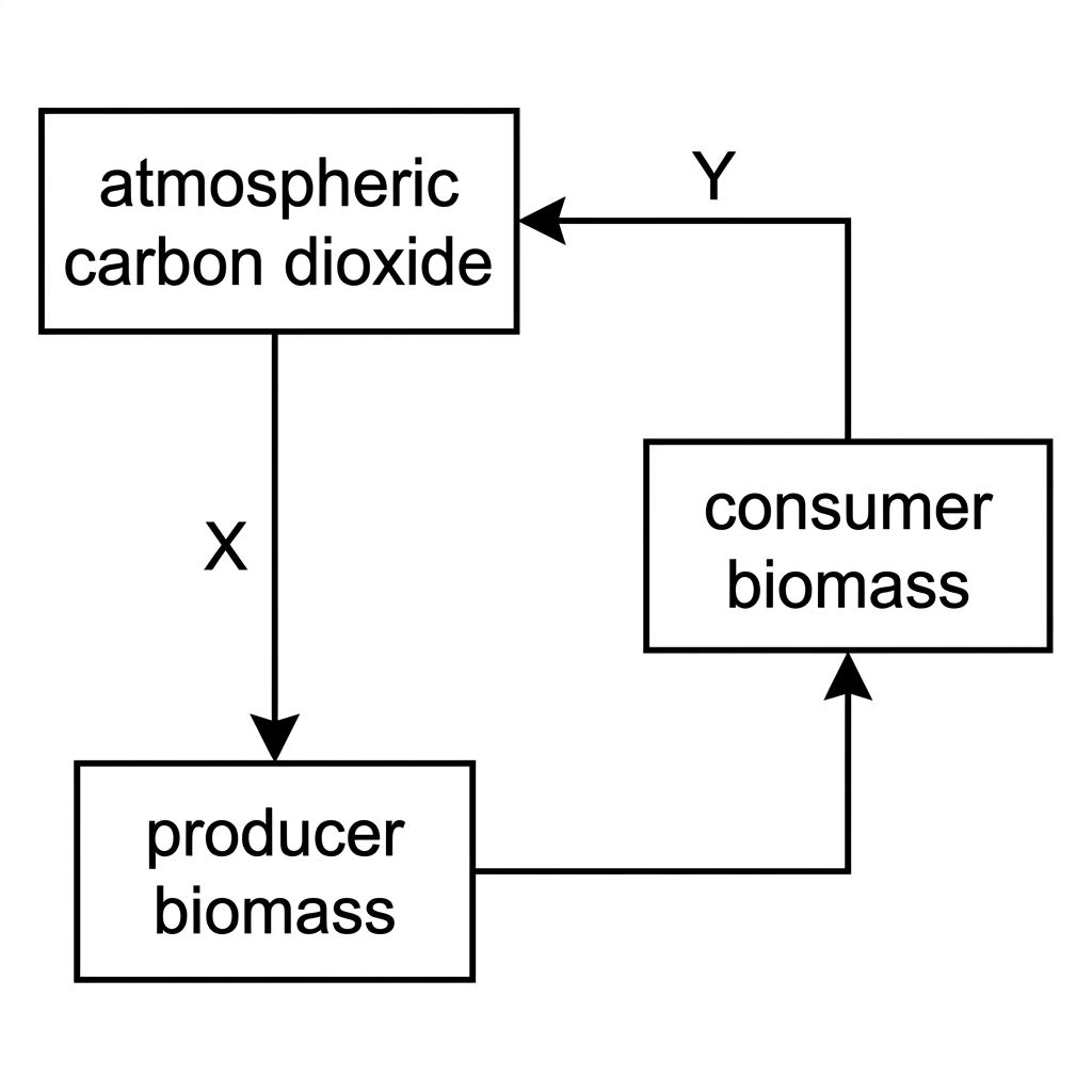 A simple carbon cycle diagram with three labelled boxes: atmospheric carbon dioxide, producer biomass and consumer biomass. Arrow X points from atmospheric carbon dioxide to producer biomass. A feeding arrow points from producer biomass to consumer biomass. Arrow Y points from consumer biomass back to atmospheric carbon dioxide. The arrows are labelled only as X and Y, with no process names shown.