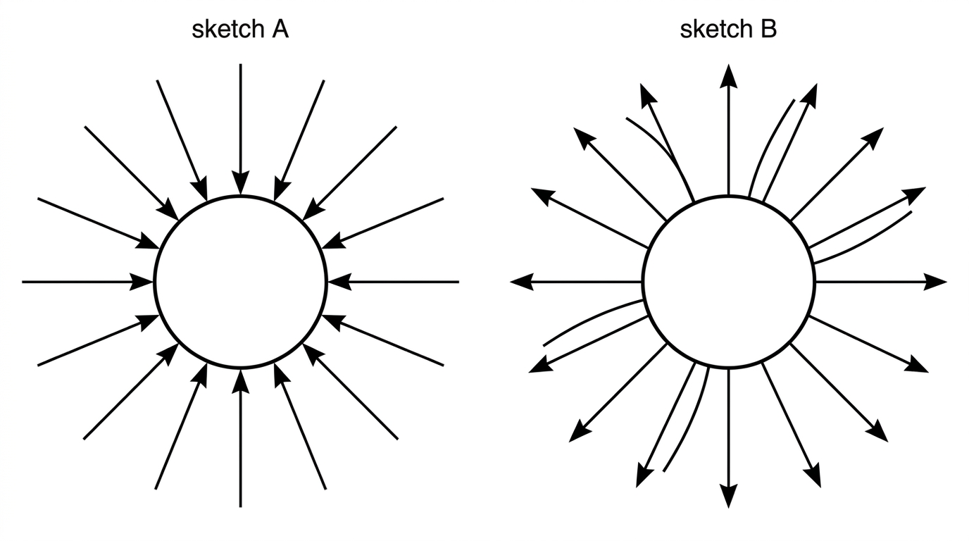 Two labelled sketches of field lines around a single spherical planet: one with inward radial lines closer together near the planet, and one with a mixture of outward arrows/non-radial or evenly spaced lines.