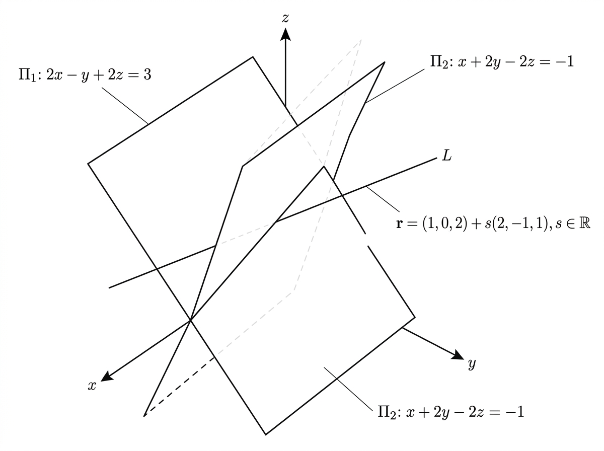 A three-dimensional diagram showing two intersecting planes, labelled exactly once as $\Pi_1:2x-y+2z=3$ and $\Pi_2:x+2y-2z=-1$, and a line $L$ crossing the region between them. Each leader line points to the corresponding plane, with no duplicate $\Pi_2$ annotation. Two angle-bisector planes are indicated faintly as surfaces on which points are equidistant from $\Pi_1$ and $\Pi_2$.