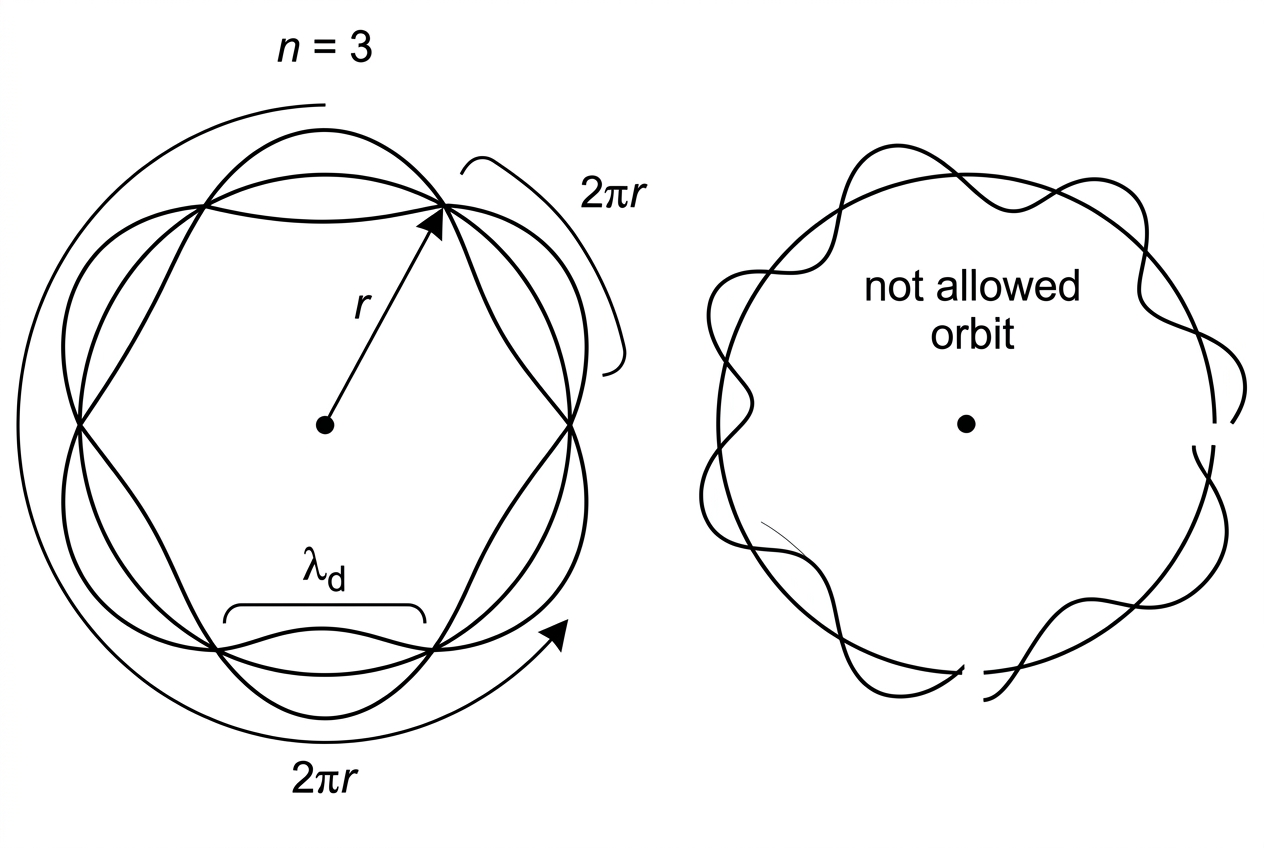 Diagram comparing an allowed circular standing wave that fits exactly around the orbit with a non-allowed wave that does not join smoothly. The allowed orbit is labelled with $n=3$, radius $r$, circumference $2\pi r$ and three wavelengths around the circumference.