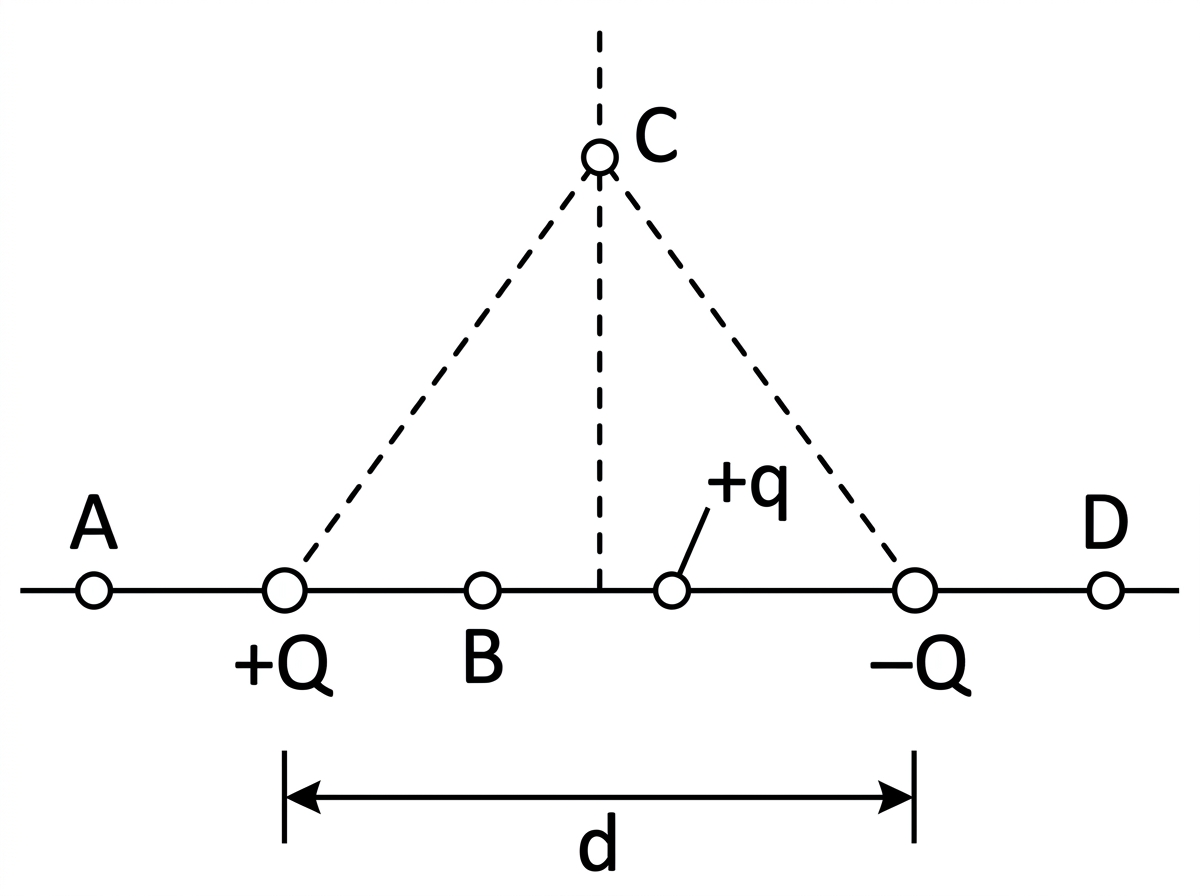 Diagram of two fixed point charges +Q and −Q separated by distance d, with several labelled possible positions for a positive test charge, including one equidistant point.