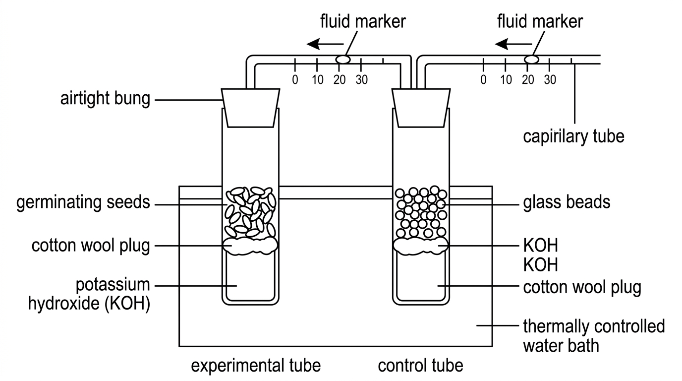 A labelled respirometer setup with germinating seeds in a sealed tube, potassium hydroxide separated from the seeds, a capillary tube containing a coloured fluid marker, a thermostatically controlled water bath, and a matched control tube without living seeds. The diagram must show the direction of marker movement as gas volume decreases but must not include calculated rates.