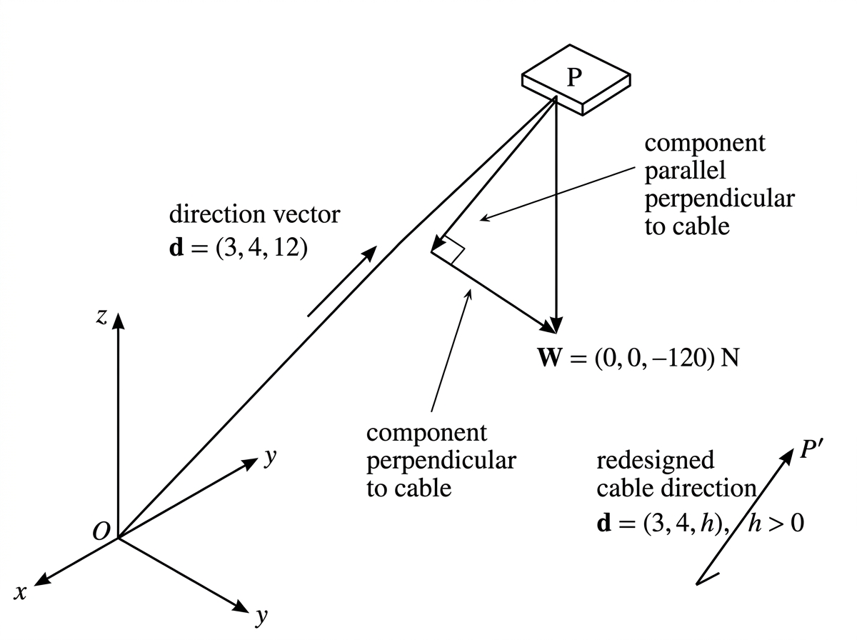 A three-dimensional support-cable diagram showing the cable direction, the downward weight vector, and the components of the weight. Label the component parallel to the cable as "component parallel to cable" and ensure its leader line terminates on the parallel component vector. Show exactly one clearly labelled x-axis, y-axis and z-axis at the origin.