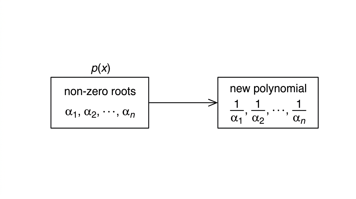 A flow diagram showing roots $\alpha_i$ of $p(x)$ mapped to reciprocal roots $1/\alpha_i$ of a new polynomial.