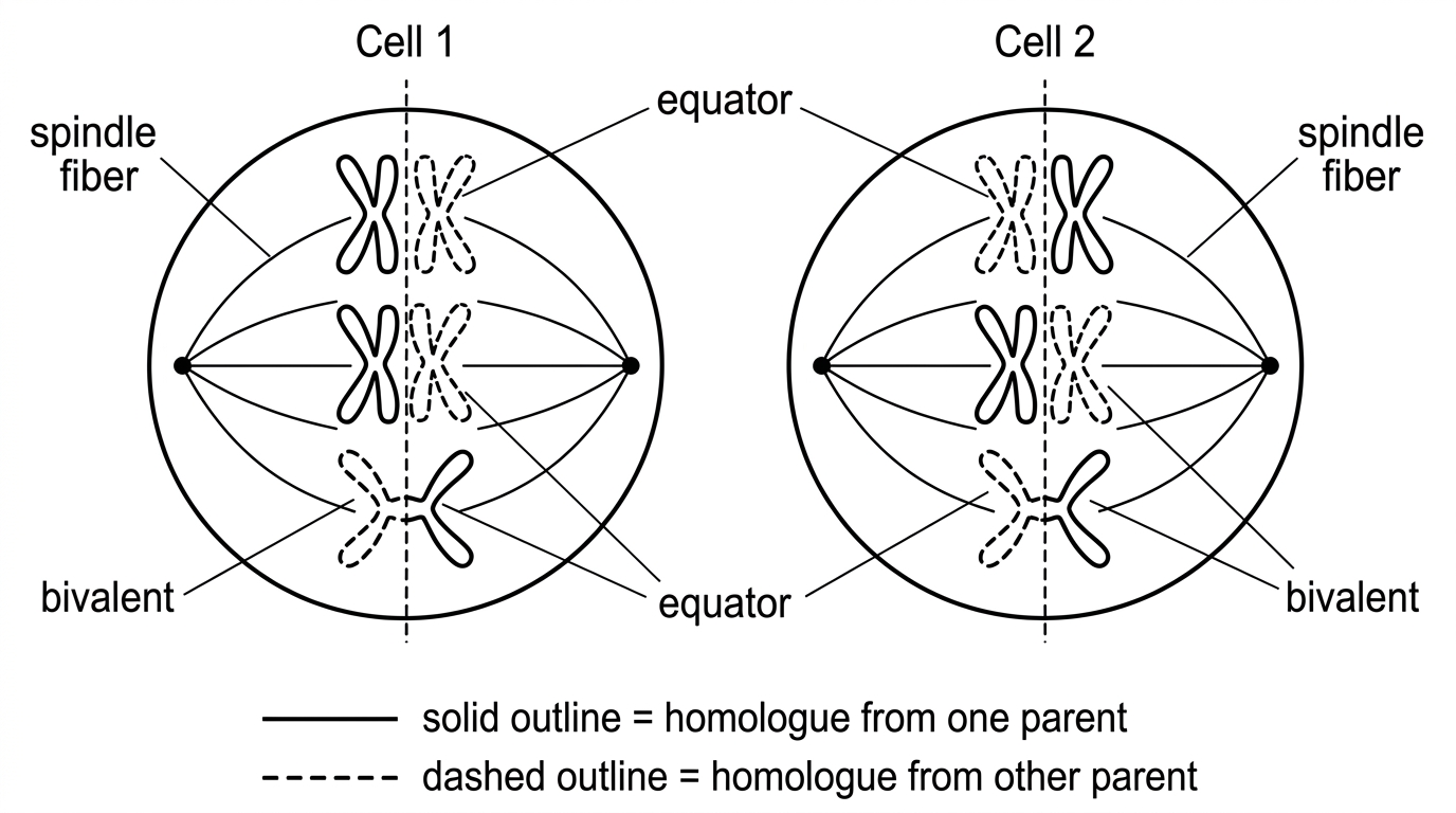 Two schematic metaphase I cells, each containing three bivalents at the equator with maternal and paternal homologues shaded differently and arranged in different orientations relative to opposite poles.