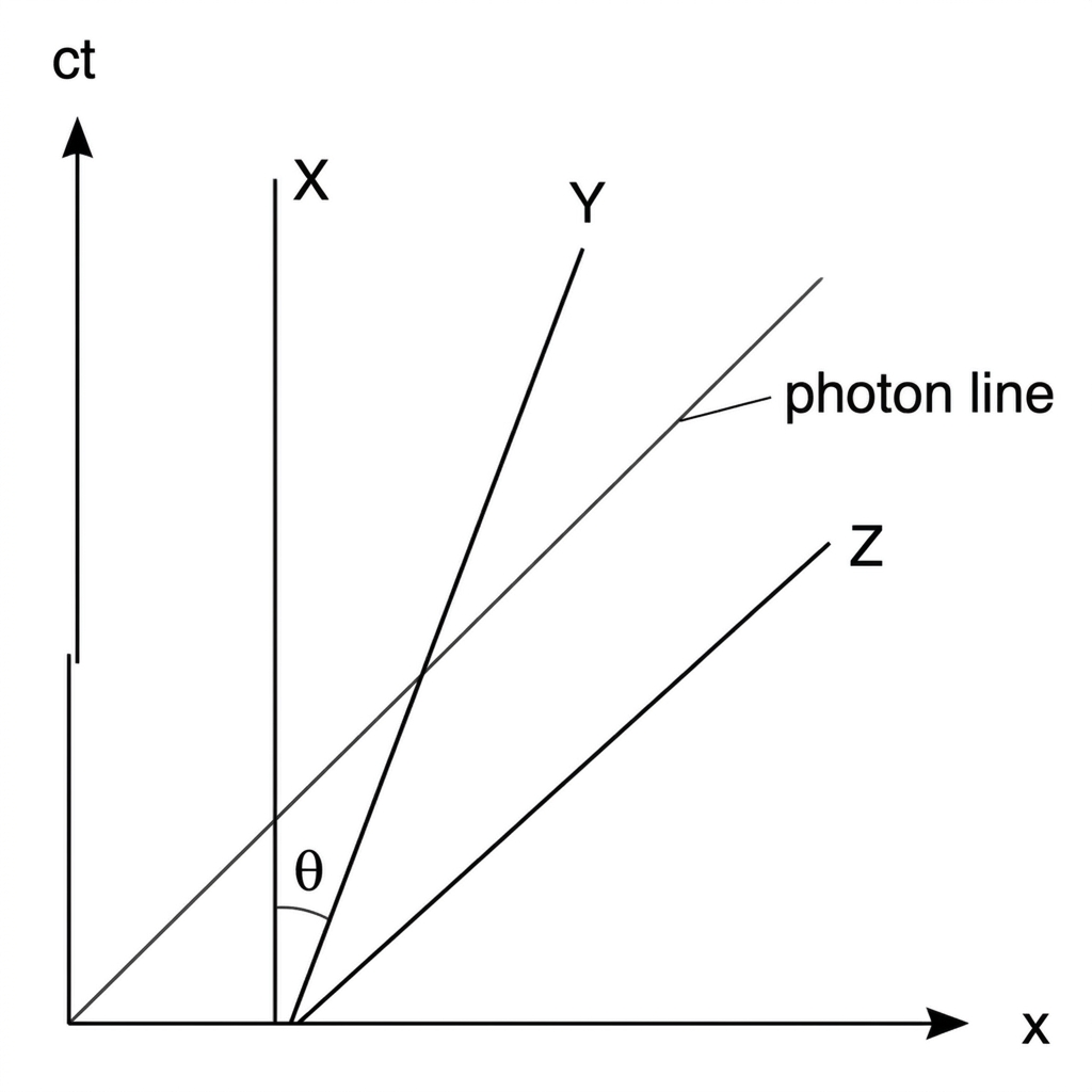 Spacetime diagram with x horizontal and ct vertical; photon lines at 45°; three straight world lines from the origin labelled X, Y, Z, with X vertical, Y inside the light cone with angle to ct-axis labelled, and Z closer to the x-axis than the photon line.