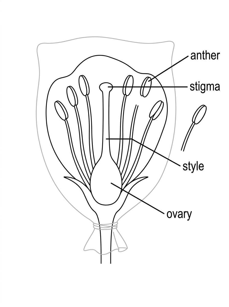 Diagram of a bisexual flower used in a controlled cross, with labels for anther, stigma, style and ovary; it should show a removable anther region and a bag covering the flower without implying the answers.