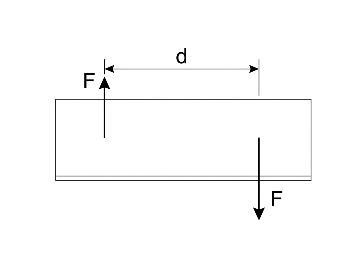 Plan view of a rigid plate with two equal and opposite parallel forces acting at separated lines of action, with the perpendicular separation indicated.