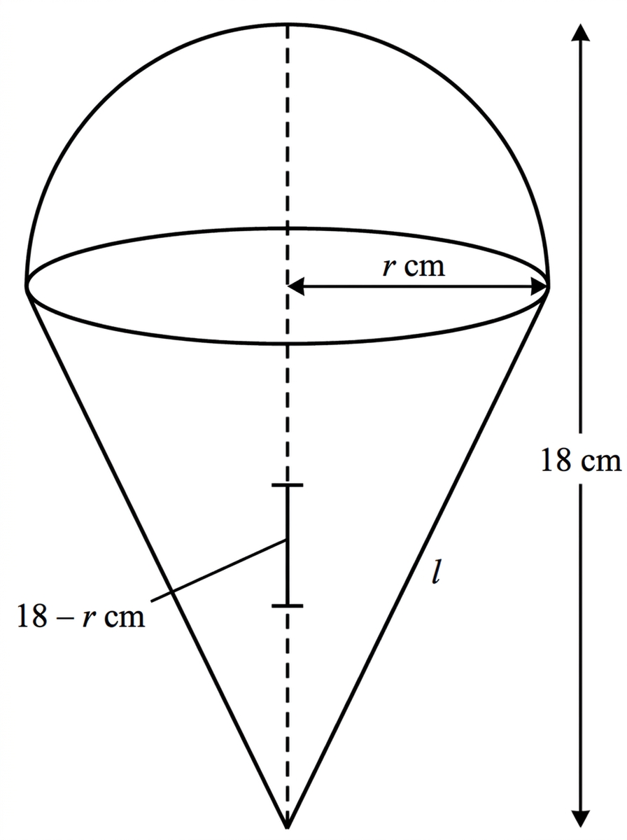 A compound solid consisting of a hemisphere on top of a right circular cone sharing the same circular base. The common radius is labelled r, the total vertical height is labelled, and the cone height and slant height are indicated but not evaluated. The internal join circle is not shown as an external surface.