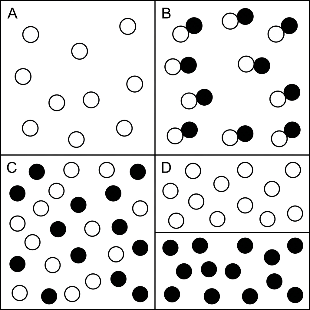 Four labelled boxes A, B, C and D containing particle diagrams. One box shows identical single atoms only; one shows identical molecules each made from two different atom types joined in the same ratio; one shows separate unbonded particles of two substances uniformly distributed; and one shows two visibly separate regions with different particles. The labels do not name element, compound or mixture.
