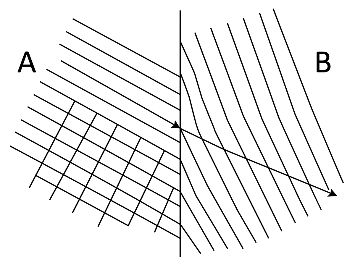 Ripple-tank wavefront-ray diagram with a straight boundary between region A and region B; wavefronts are farther apart in one region and closer in the other, with an incident ray and transmitted ray shown but no numerical angles.