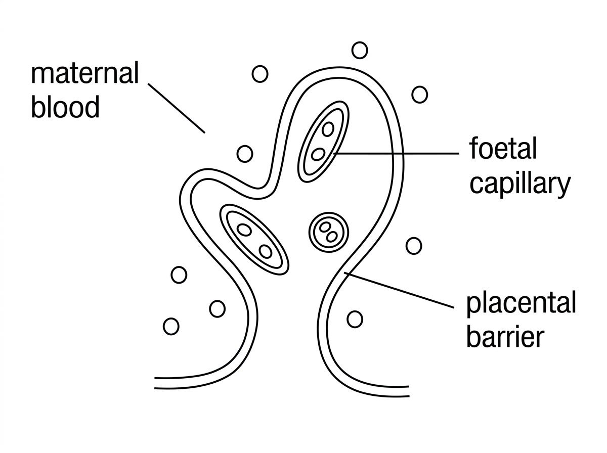 Diagram of a placental villus bathed in maternal blood, with foetal capillaries inside the villus and a labelled placental barrier separating the two blood supplies.