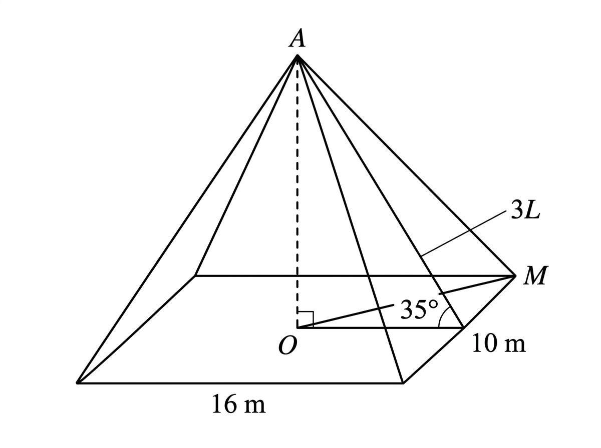 A right rectangular pyramid roof with a rectangular base measuring 16 m by 10 m. The apex A is vertically above the centre O of the base. Point M is at the midpoint of one of the 16 m sides, not at a corner. Segment OM is drawn in the base, perpendicular to that 16 m side, and labelled 5 m. Segment AM is drawn from the apex to M. The angle between AM and its projection OM is labelled $35^\circ$. Remove any unexplained 3L label.