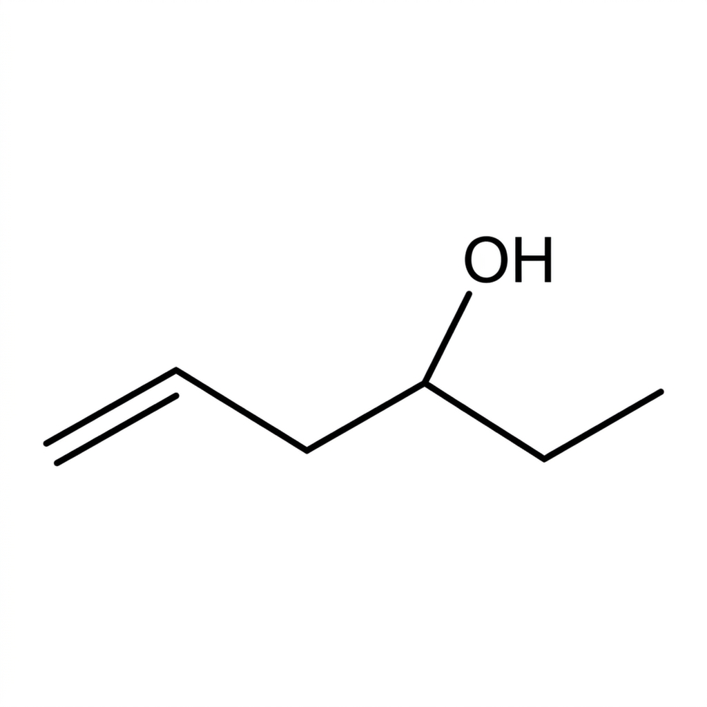 A skeletal line-angle formula on a white background showing a six-carbon chain with one terminal carbon-carbon double bond and one internal carbon bearing an explicit hydroxy group labeled $OH$, ending in a terminal methyl group. Carbon atoms are not labeled except for the explicit $OH$ group; all carbon-bound hydrogens are omitted as in a standard skeletal formula.