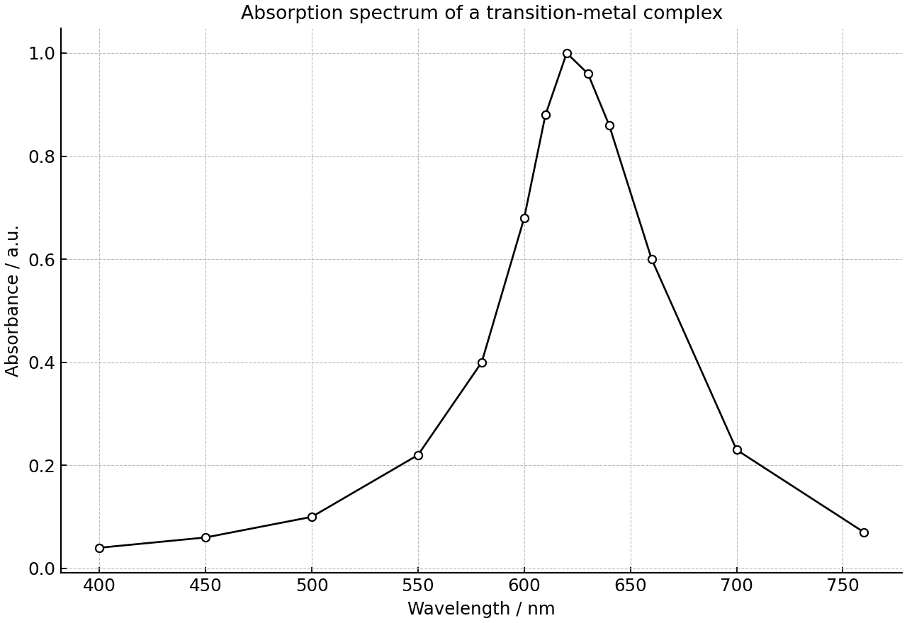 Absorption spectrum of a transition-metal complex solution.