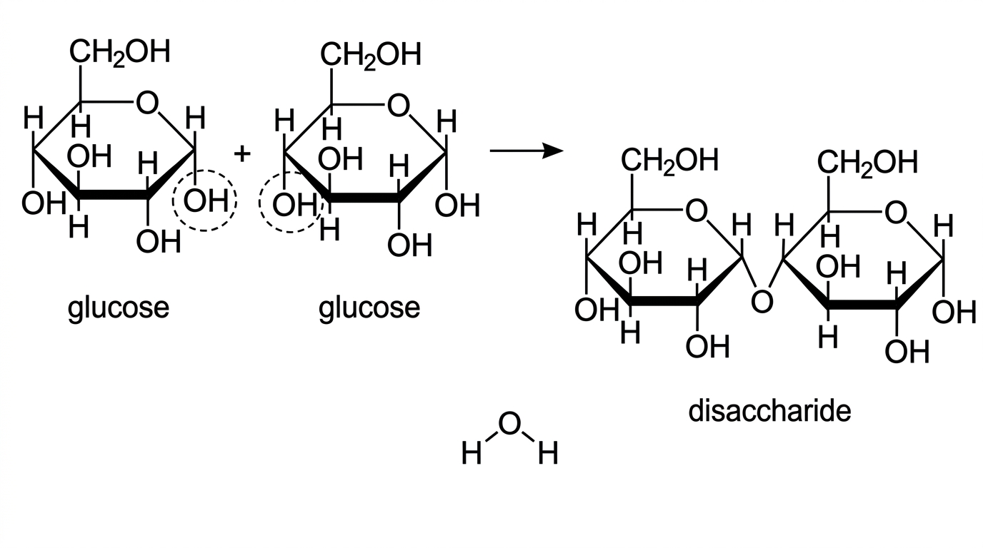 A simple reaction diagram with two ring-form glucose molecules on the left of a reaction arrow and a disaccharide on the right. The reacting hydroxyl groups are highlighted without labelling the reaction type or naming the bond formed. A small molecule is shown as a separate product but not labelled.