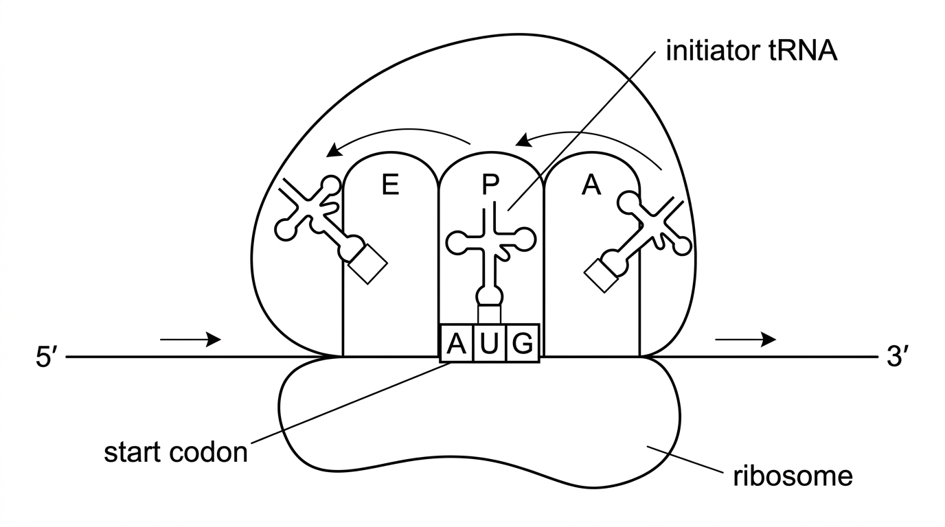 A ribosome on an mRNA strand labelled 5′ to 3′, with the start codon, initiator tRNA and the three tRNA binding sites A, P and E shown. The visual should indicate movement of tRNAs through the sites without giving the site functions in words.