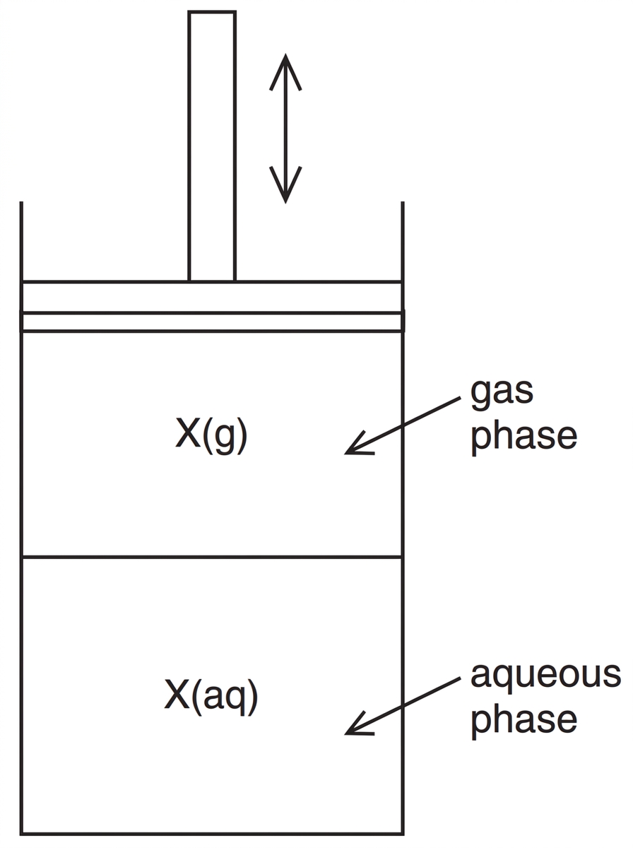 A closed vessel with gas $X$ above an aqueous solution containing dissolved $X$, with labels for gas phase, aqueous phase, and a piston to change pressure.