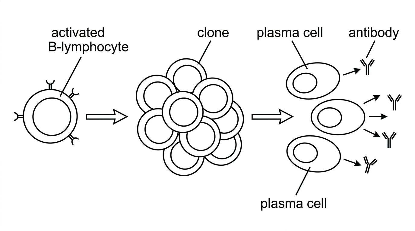 Diagram showing one activated B-lymphocyte leading to many similar cells and then to antibody-secreting cells; labels should include activated B-lymphocyte, clone, plasma cell and antibody but not explanatory text.