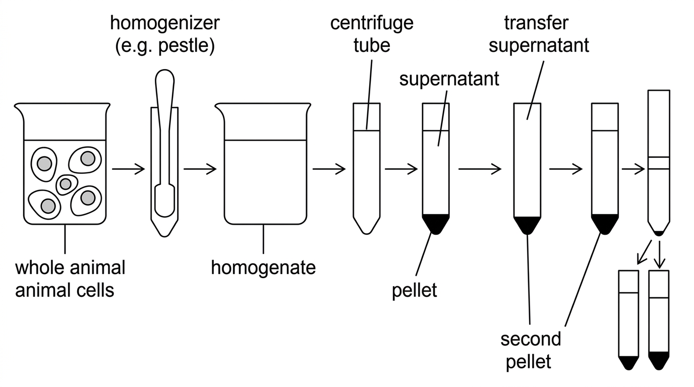 A simple flow diagram of cell fractionation showing intact animal cells placed in a cold buffered solution, homogenization to make a mixed suspension, and repeated centrifugation steps that produce pellets and supernatants. Labels should include cold buffer, homogenate, centrifuge tube, pellet and supernatant, without naming which organelles are in each pellet.