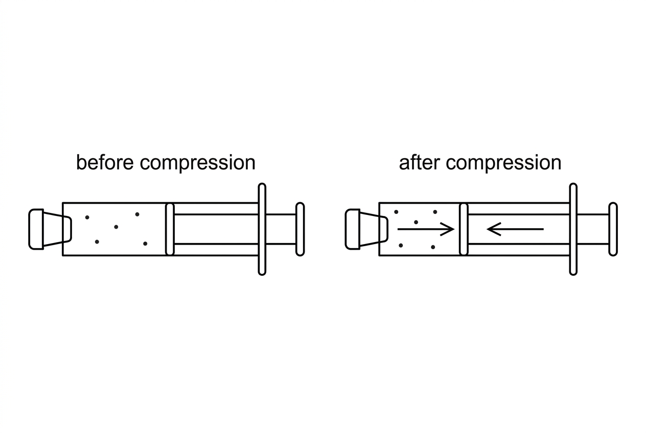 A sealed gas syringe containing a brown gas mixture before and after the plunger is pushed in, showing reduced volume but not indicating the final colour or equilibrium direction.