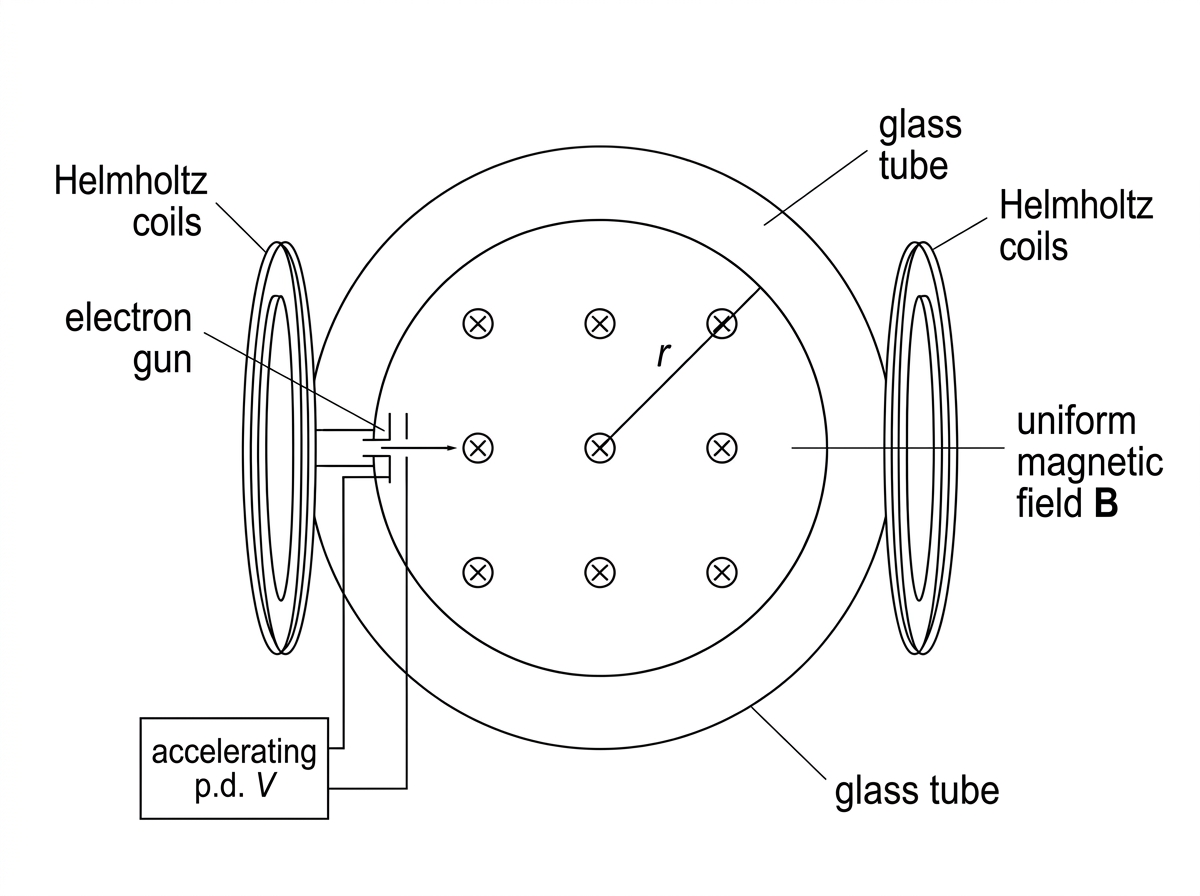 A fine-beam tube apparatus showing an electron gun with accelerating potential, Helmholtz coils producing a uniform magnetic field, and a circular glowing electron path with radius labelled.