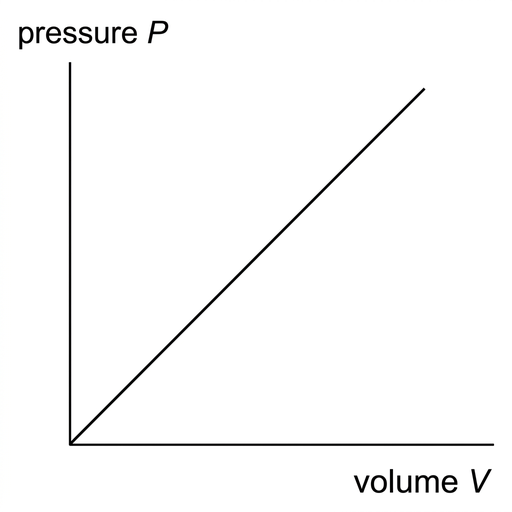 A simple Cartesian graph with vertical axis labelled pressure P and horizontal axis labelled volume V. The plotted curve is a straight line rising from the origin to the upper right. No numerical scale is shown.