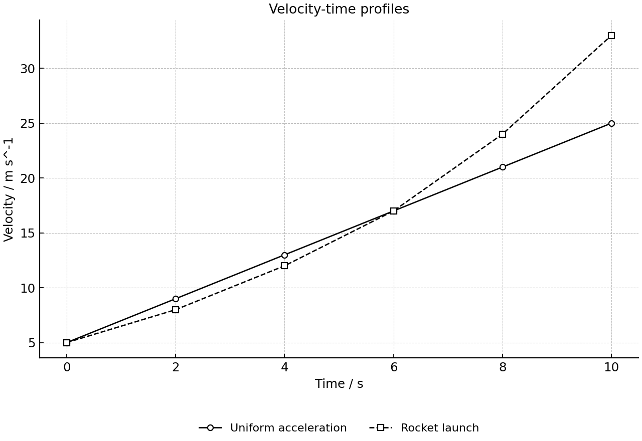 Velocity-time profiles for two motions.