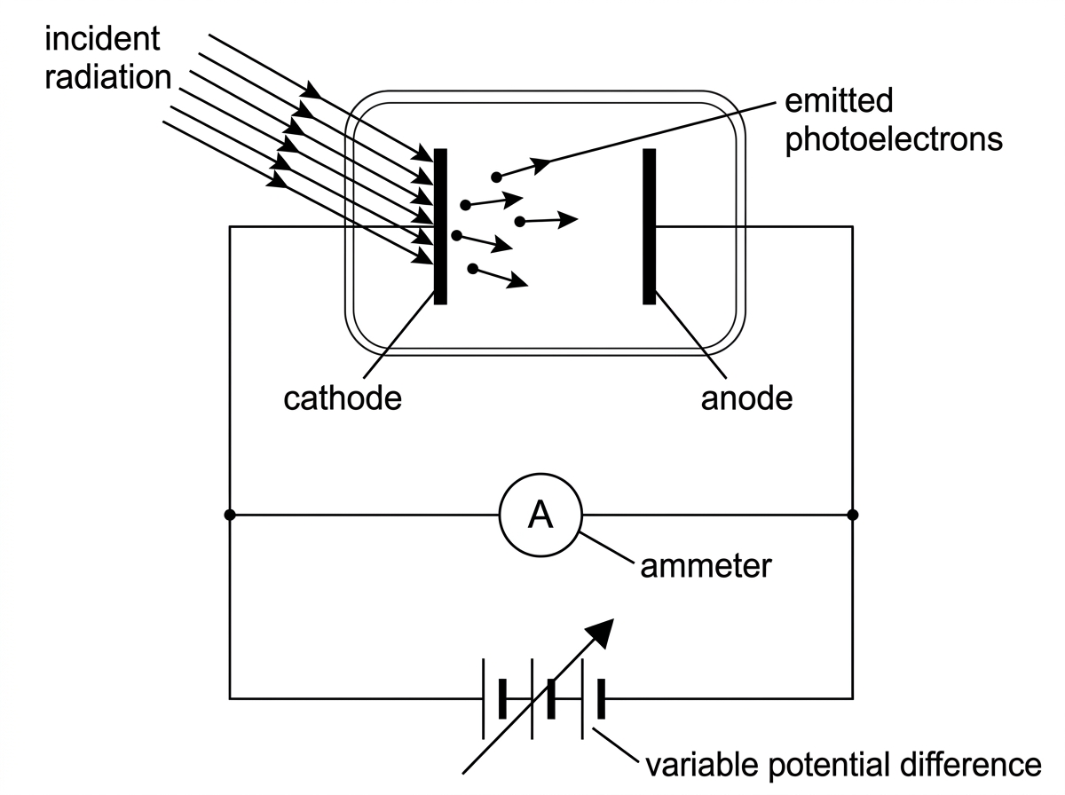 A labelled photoelectric cell with incident radiation directed at a metal cathode, an anode/collecting plate, an ammeter in series and a variable potential supply. Labels must include cathode, anode, incident radiation, emitted photoelectrons, ammeter and variable potential difference. The diagram should not indicate numerical values or the answer.