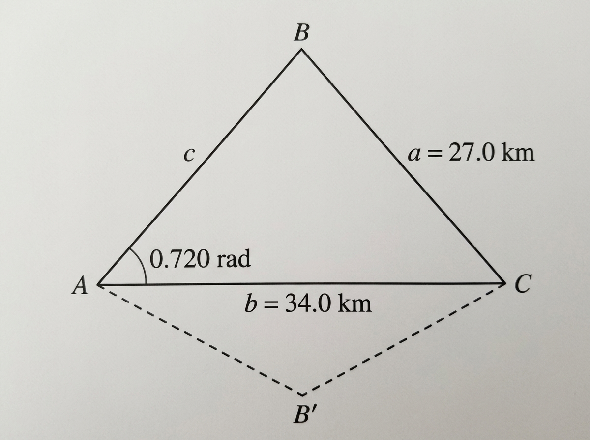 A non-scale triangle ABC representing three shelters, with sides a and b and angle A labelled. Two possible positions of vertex B may be suggested using a dashed alternative triangle without revealing calculated angles.