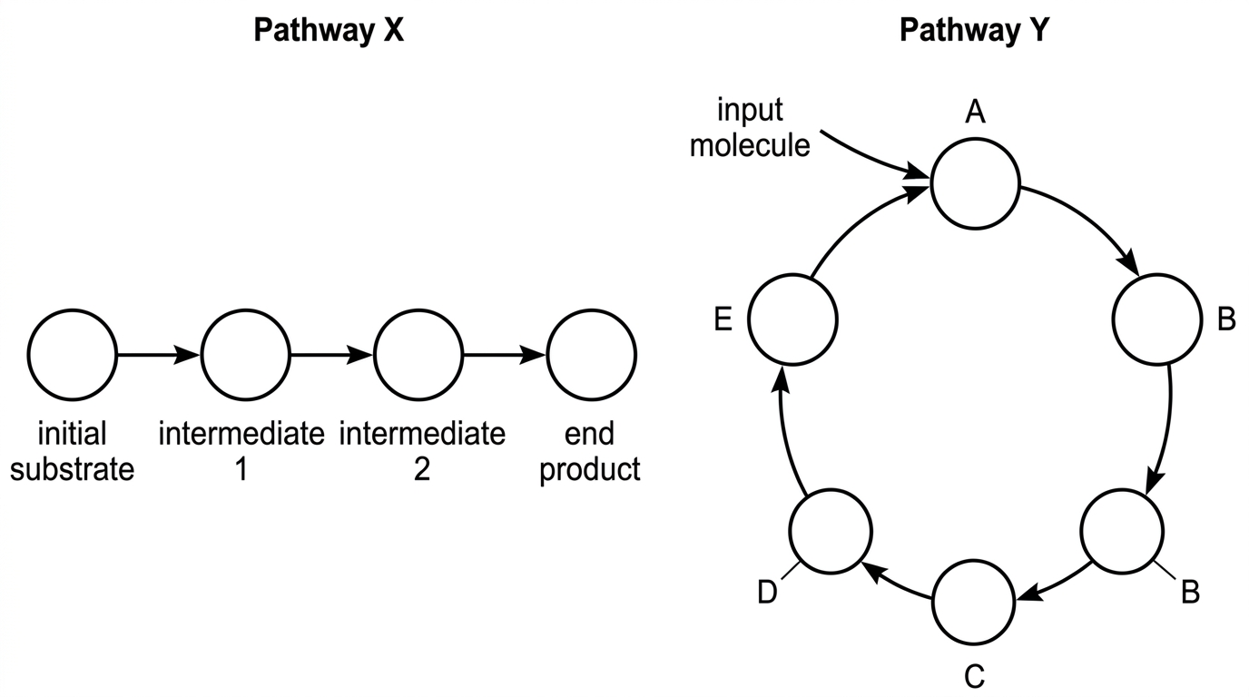 Two pathway diagrams: pathway X shows a sequence from an initial substrate through intermediates to an end product; pathway Y shows a closed cycle of intermediates with one regenerated acceptor and an input molecule.