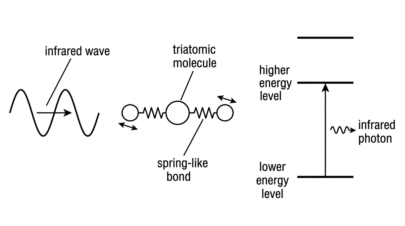 Diagram showing an infrared electromagnetic wave interacting with a triatomic molecule represented by spring-like bonds, alongside a simple energy-level ladder with an infrared photon transition.