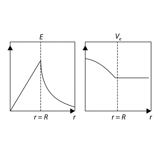 Two side-by-side graph panels with horizontal axes labelled $r$ and a marked sphere radius. Left panel labelled $E$: the graph starts at zero at the centre and rises linearly up to the sphere radius, then decreases smoothly outside. Right panel labelled $V_e$: the graph decreases slightly inside and then becomes a horizontal positive line outside. Axes and line style match the other options.
