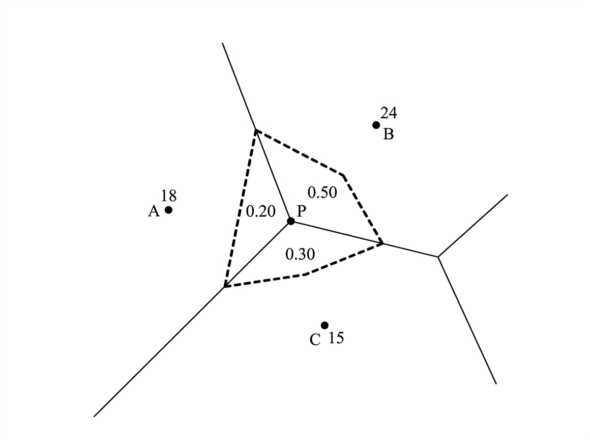 A schematic Voronoi diagram showing a newly inserted point P and the portions of its new cell taken from three neighbouring station cells.
