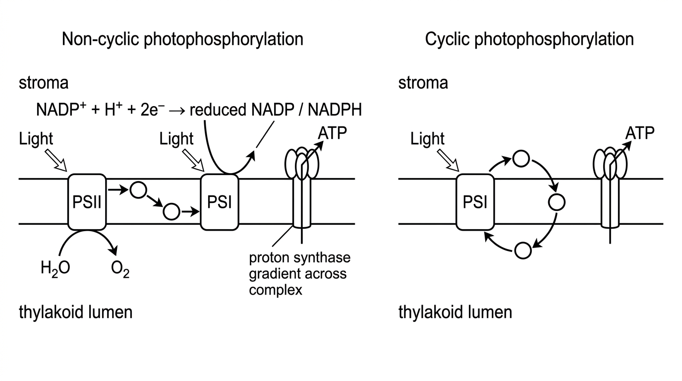 A simplified flow diagram of electron movement in thylakoid membranes. One pathway shows electrons arriving at photosystem I and then reducing NADP on the stroma side. A second pathway shows electrons from photosystem I cycling back through electron carriers to photosystem I. ATP production is indicated for both pathways, while reduced NADP production is shown only for the non-cyclic pathway.