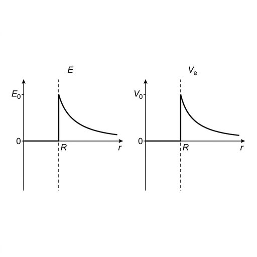 Two side-by-side graph panels with horizontal axes labelled $r$ and a marked sphere radius. Left panel labelled $E$: the graph is zero from the centre to the sphere radius, then decreases smoothly outside. Right panel labelled $V_e$: the graph lies on the horizontal axis at zero from the centre to the sphere radius, then rises abruptly at the sphere radius before decreasing smoothly outside. Axes and line style match the other options.