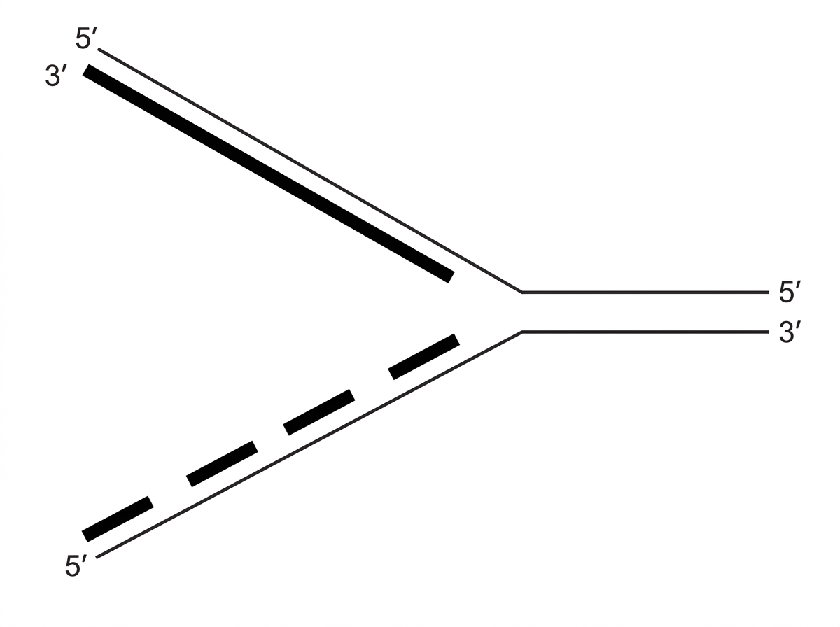 Replication fork diagram after pulse labelling. One newly synthesized strand has continuous label close to the fork; the other has several short labelled segments separated along the strand. Parental strand directions are labelled 5′ and 3′.