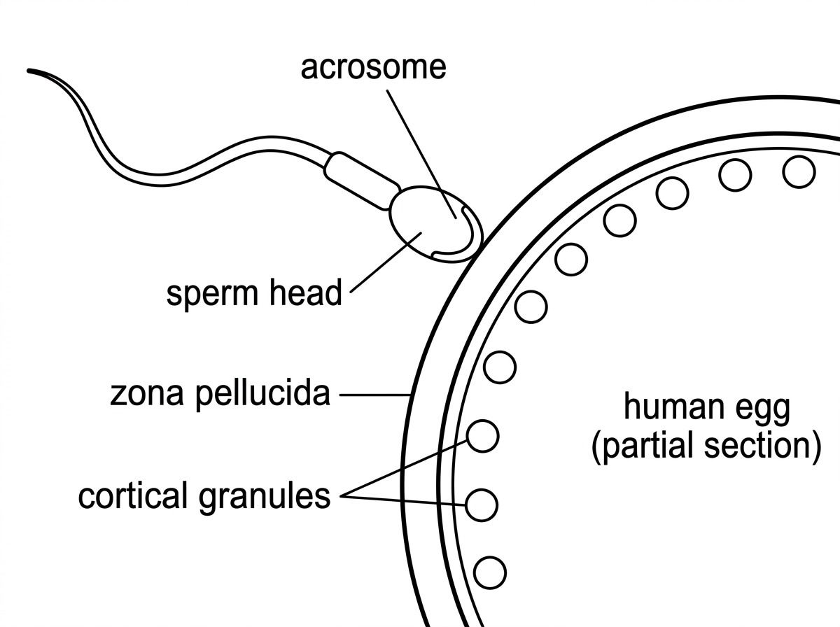 Diagram of a sperm contacting a human egg, showing the sperm head with acrosome, the zona pellucida around the egg and cortical granules just inside the egg membrane.