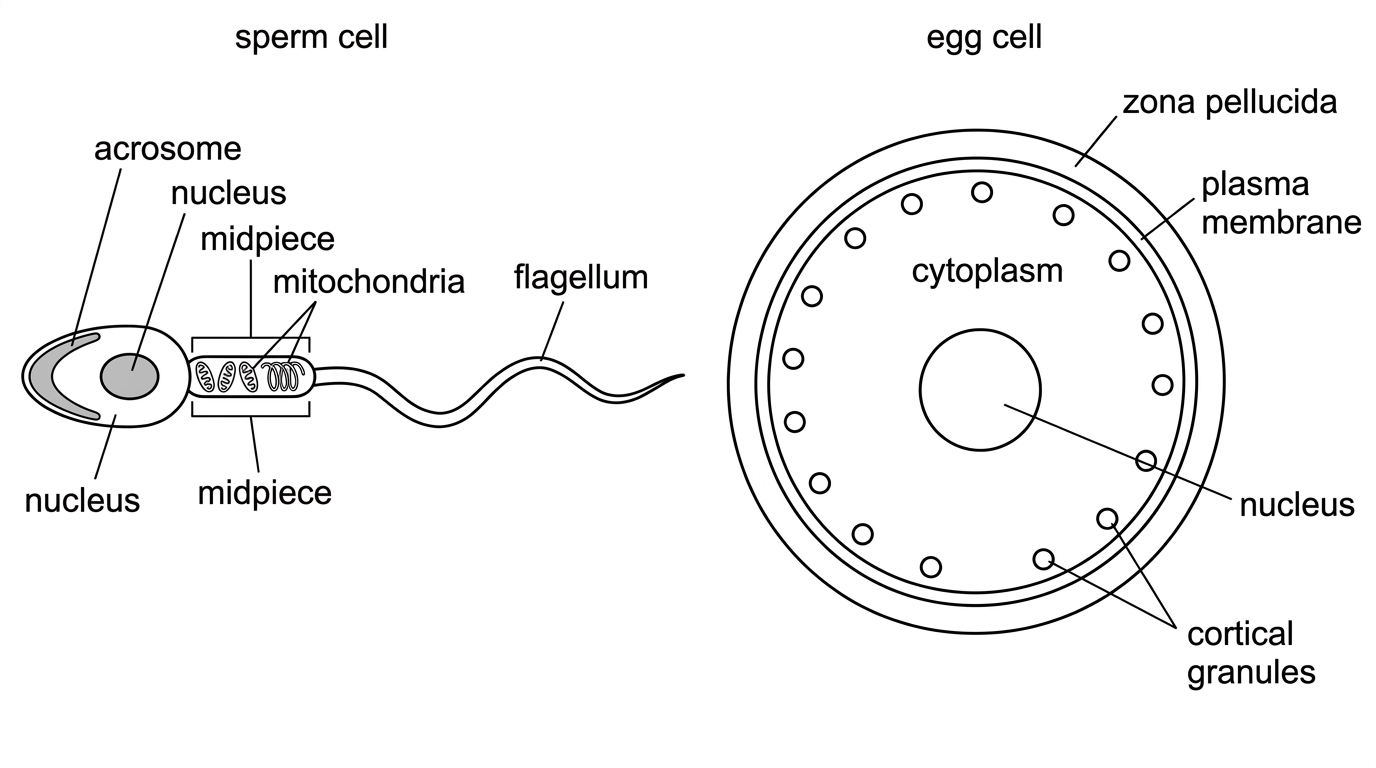 A labelled diagram of a human sperm cell with head, acrosome, compact nucleus, midpiece with mitochondria and flagellum; and a human egg cell with large cytoplasm, haploid nucleus, plasma membrane, cortical granules and zona pellucida. Labels should identify structures but not state their functions.