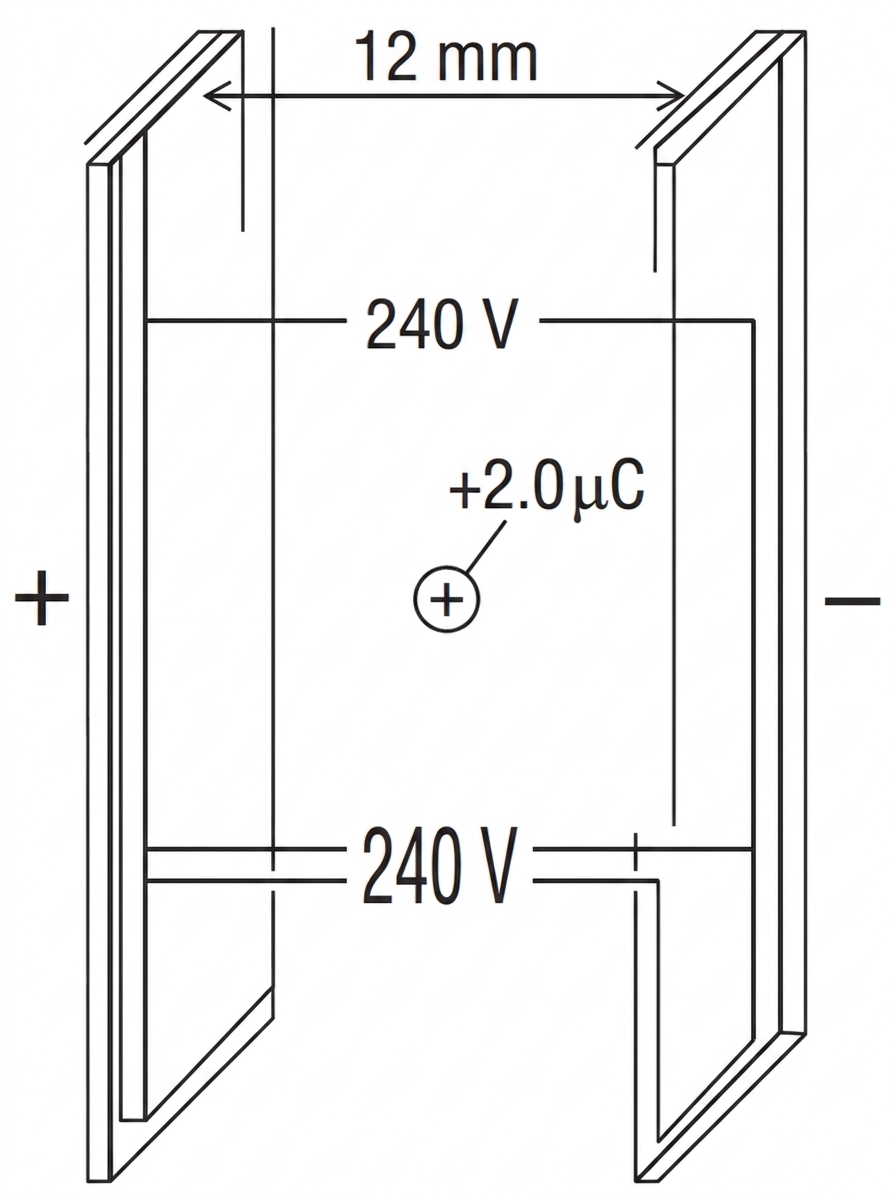 A side-view diagram of two vertical parallel plates separated by a labelled gap. The left plate is labelled positive and the right plate negative. A small positive charged particle is shown midway between the plates. The potential difference and plate separation are labelled. No field lines or force arrows are shown.